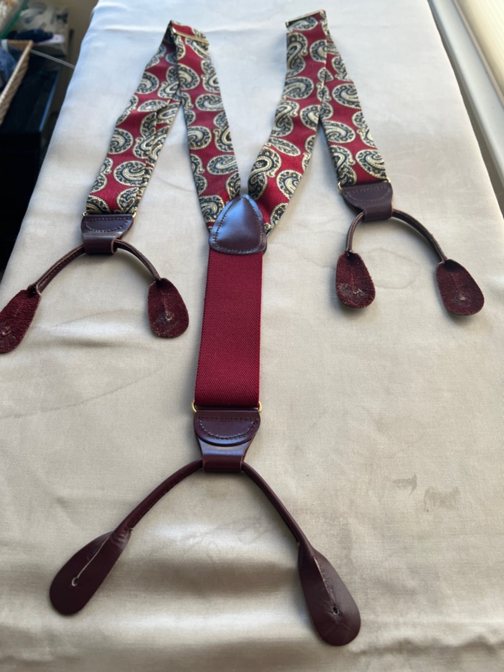 Men's Burgundy Paisley Suspenders with Brown Leather Tabs - Classic Formal Style